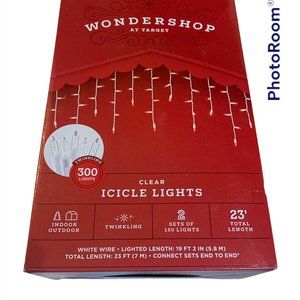 twinkling ICICLE LIGHTS 300 clear indoor outdoor 23' total white wire Wondershop